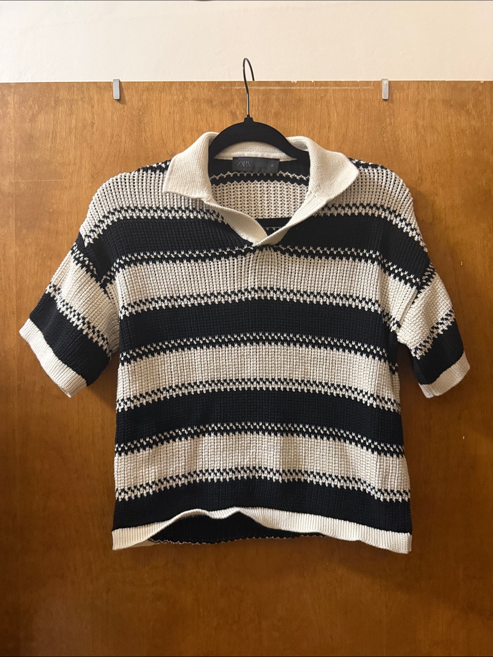 Zara Black and Cream Striped Short-Sleeve Collared Knit Top